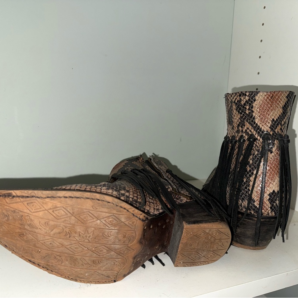 Tony Lama Snakeskin Ankle Boots with Fringe - Picture 2 of 2